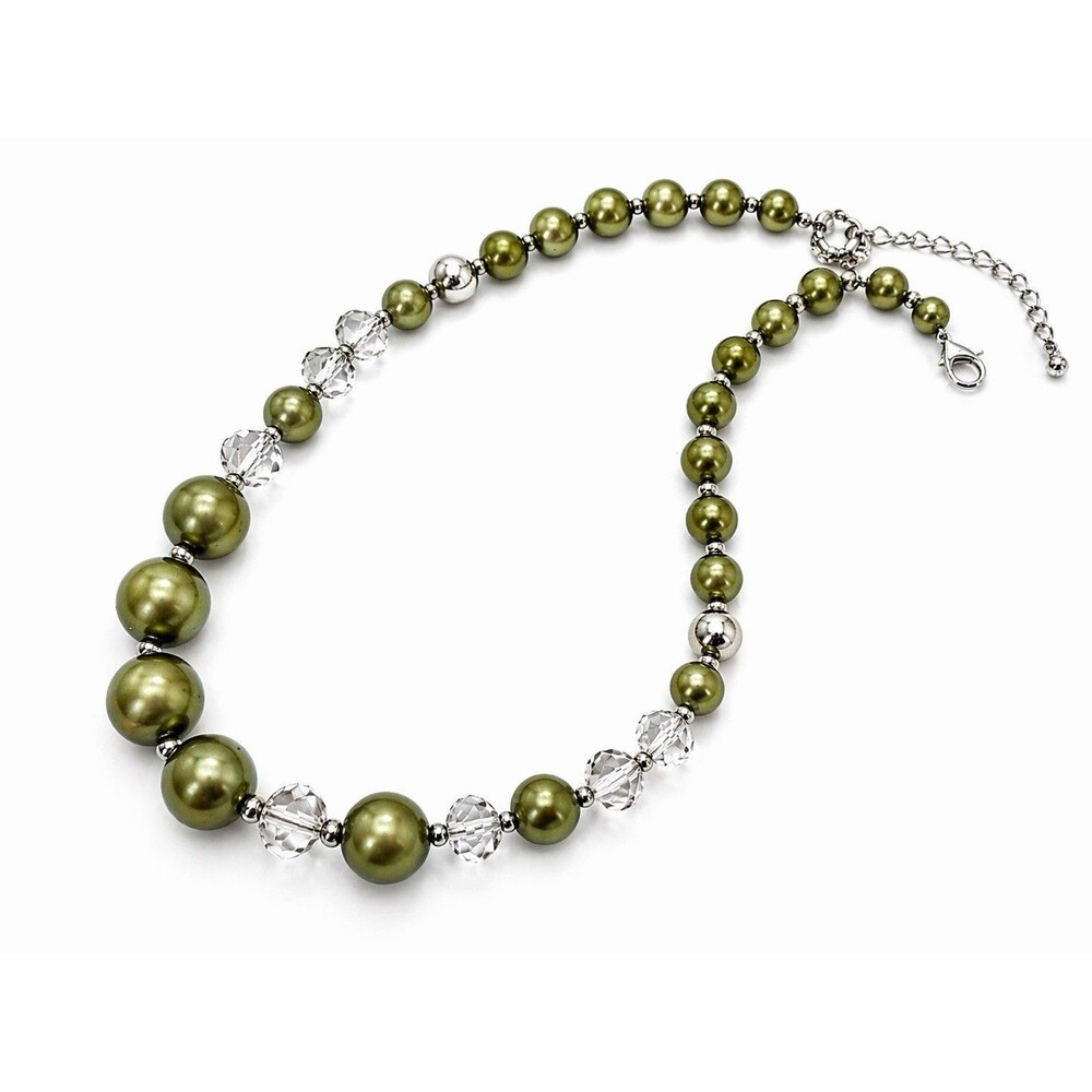 Vintage Green Pearlized Beaded Necklace Crystal Beads Adjustable Princess 18”
